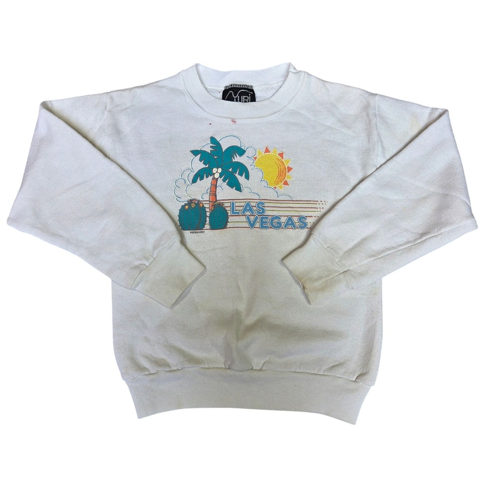 Vintage Yuri Las Vegas Kids Sweatshirt White Graphic Pullover Desert Palm Tree